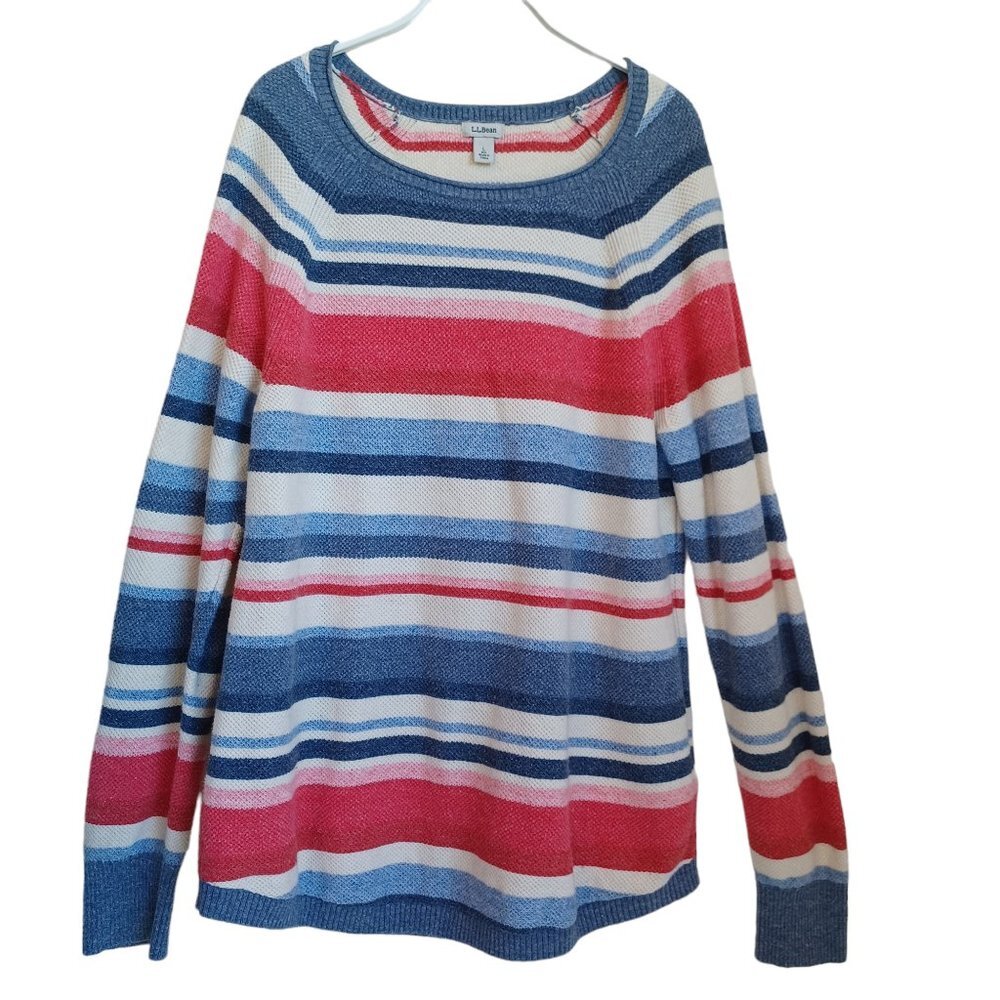 LL Bean Womens Large Striped Cotton Blend Long Sleeve Crew Neck Sweater 507326
